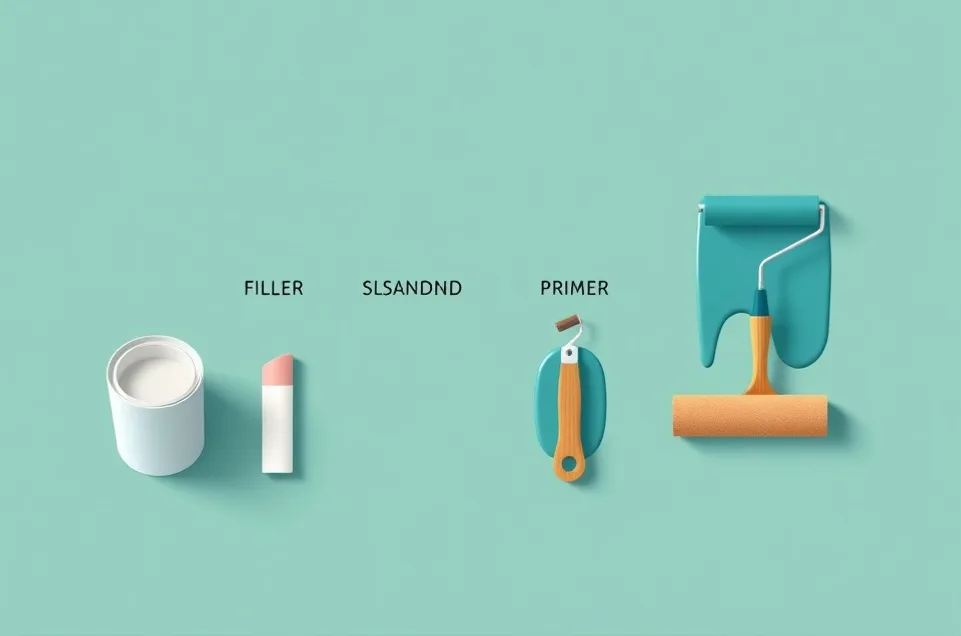 Outils de peinture disposés dans l'ordre des étapes du chantier