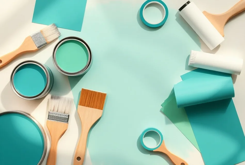 Pots de peinture, nuancier, brosses et rouleaux disposés à plat