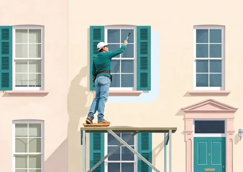 Peintre sur échafaudage traitant la façade d'une maison