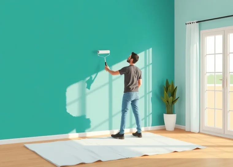 Peintre appliquant la peinture au rouleau sur un mur de salon